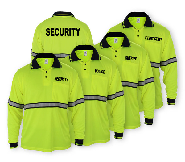 [CUSTOMIZED] Polyester Long Sleeve Polo Shirts w/Reflective Stripes Lime Green W/ Dark Navy
