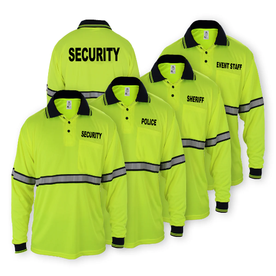 [CUSTOMIZED] Polyester Long Sleeve Polo Shirts w/Reflective Stripes Lime Green W/ Dark Navy