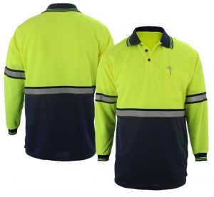 First Class Two Tone Long Sleeve Polo Shirt with Reflective Stripes and ID